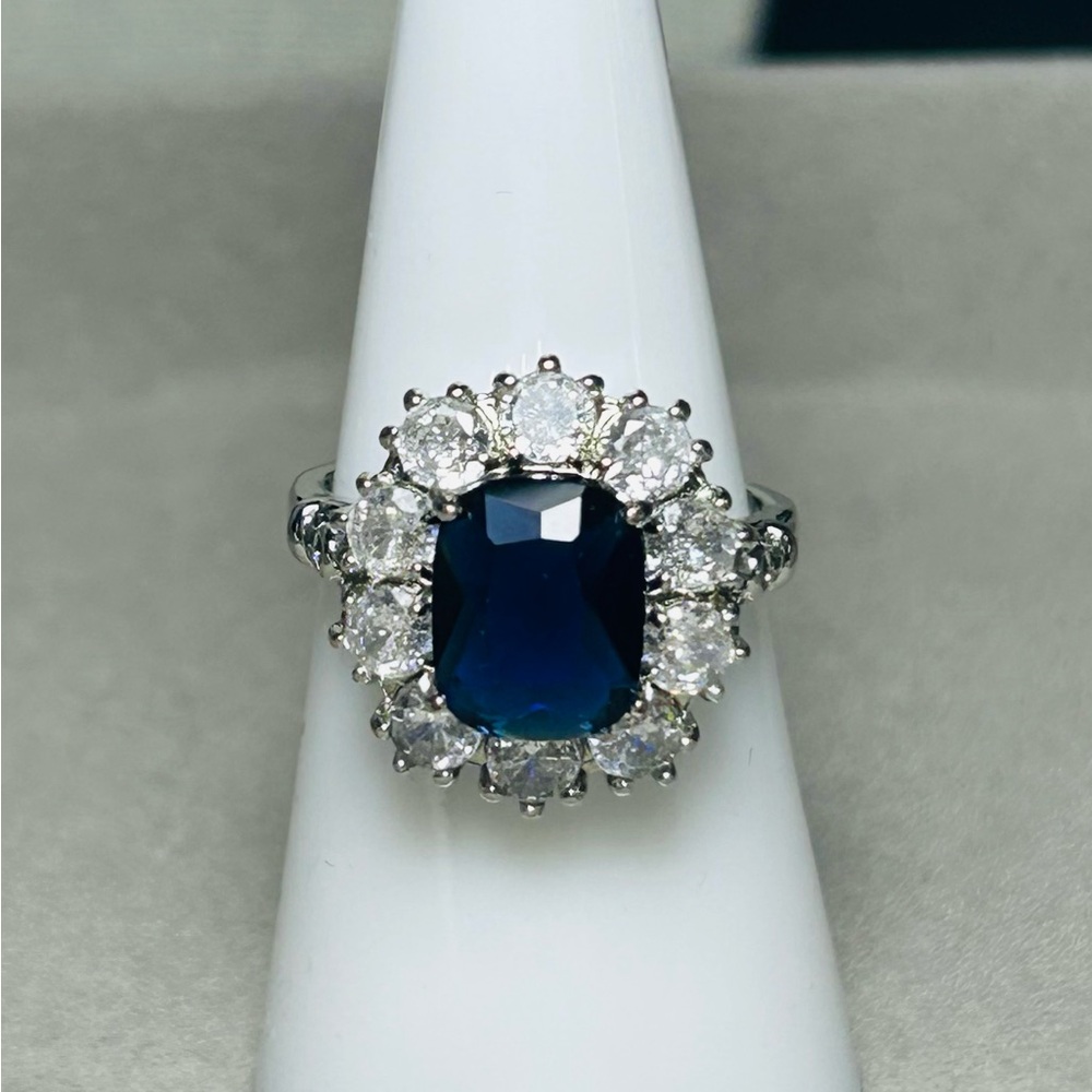 Lab Created Blue Sapphire with Cubic Zirconias Size 7 Princess Diana Style